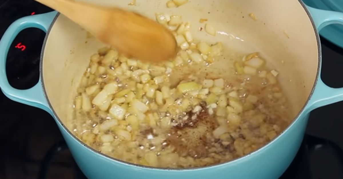 frying onion and garlic for longhorn potato soup