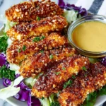 Baked Pretzel Crusted Chicken Tenders served with dipping sauce