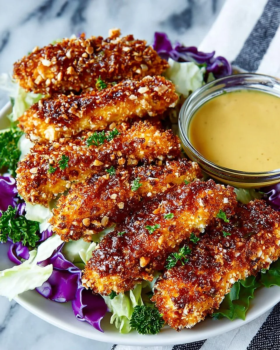 Baked Pretzel Crusted Chicken Tenders served with dipping sauce