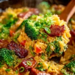 Cheesy sausage and broccoli skillet in a frying pan, ready to serve.