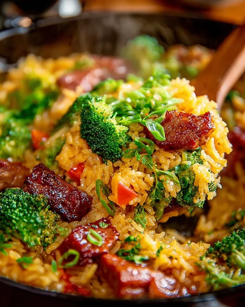 Cheesy sausage and broccoli skillet in a frying pan, ready to serve.