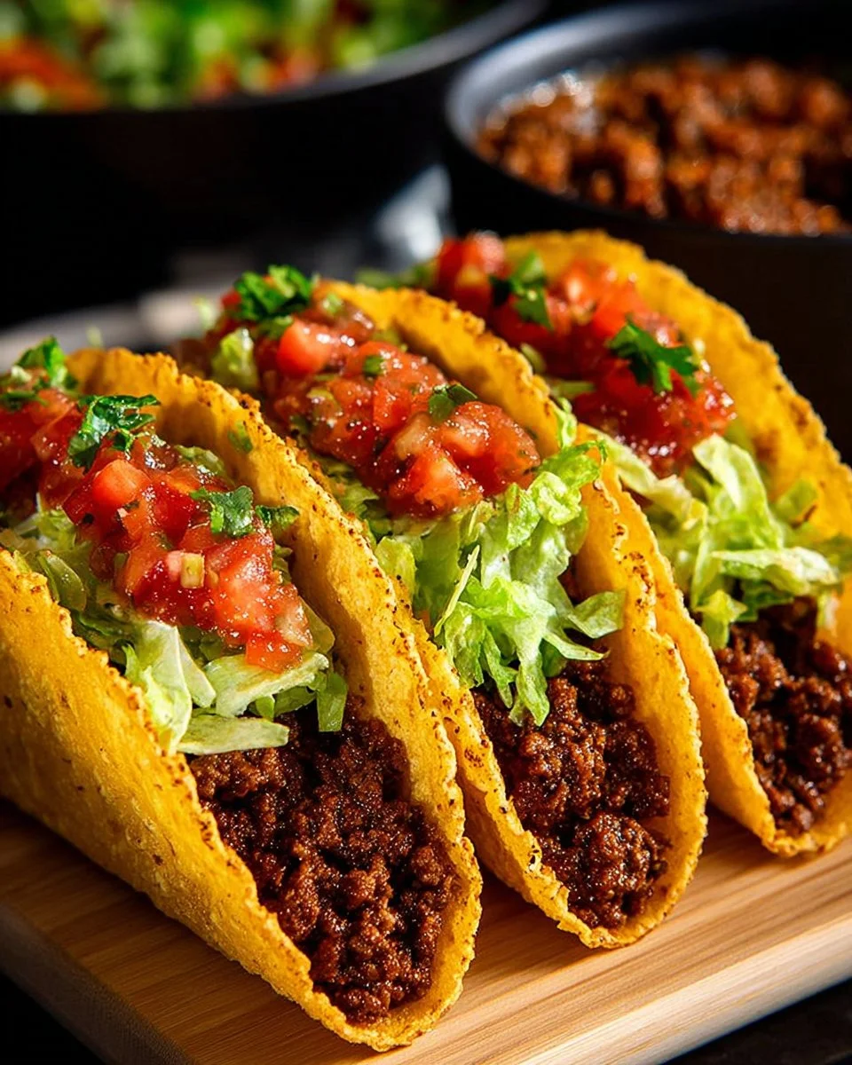 Delicious classic ground beef tacos topped with fresh ingredients