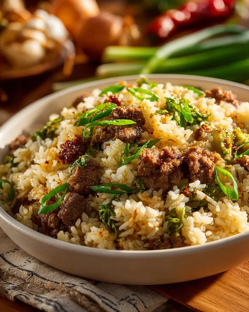 Easy sausage and rice casserole served in a baking dish.