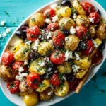 Delicious Greek potato salad with feta cheese and fresh vegetables