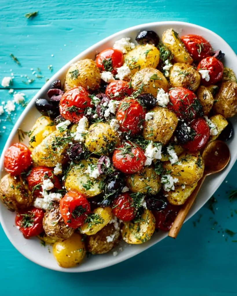 Delicious Greek potato salad with feta cheese and fresh vegetables