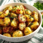 Delicious Greek potatoes garnished with herbs and spices.