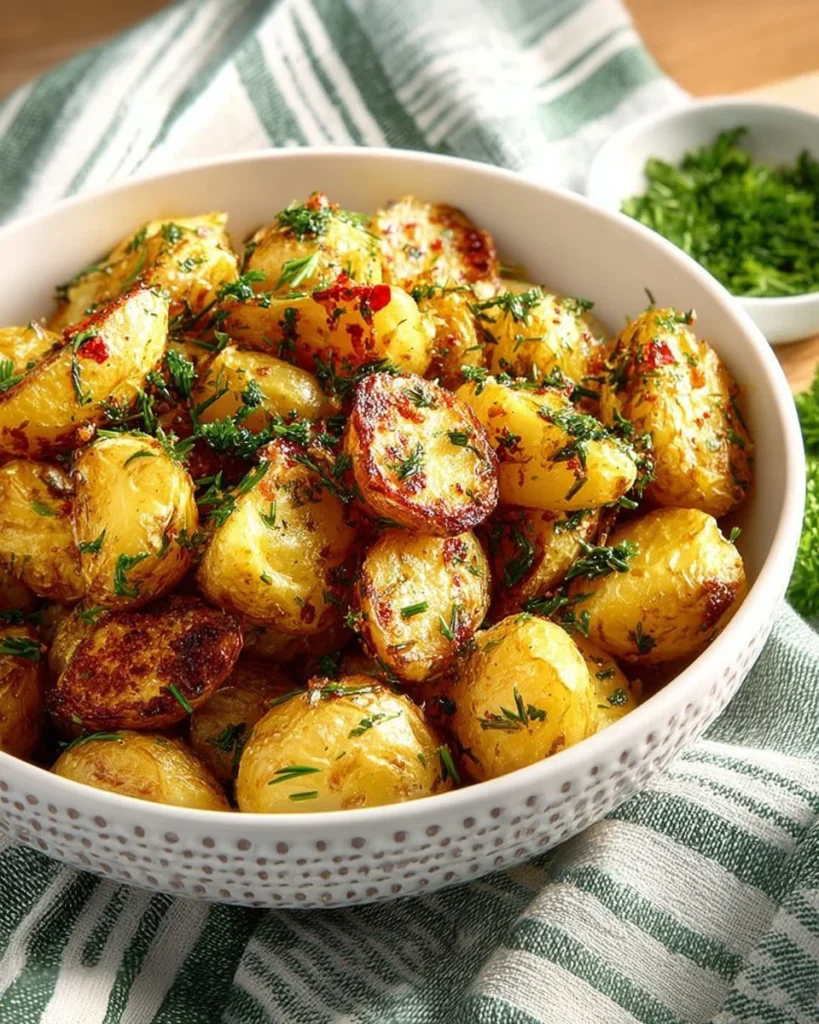 Delicious Greek potatoes garnished with herbs and spices.