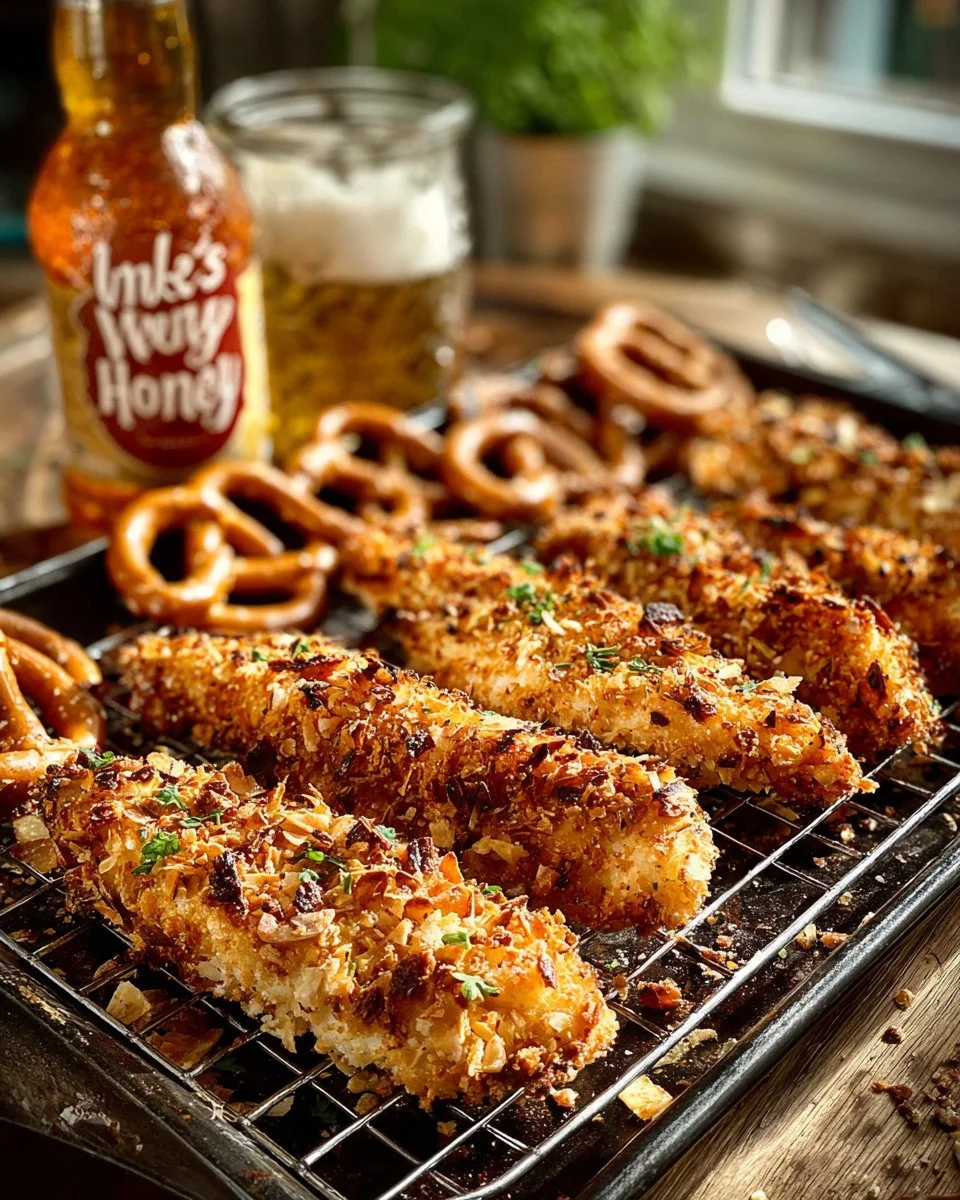 Golden baked pretzel chicken tenders on a plate with dipping sauce