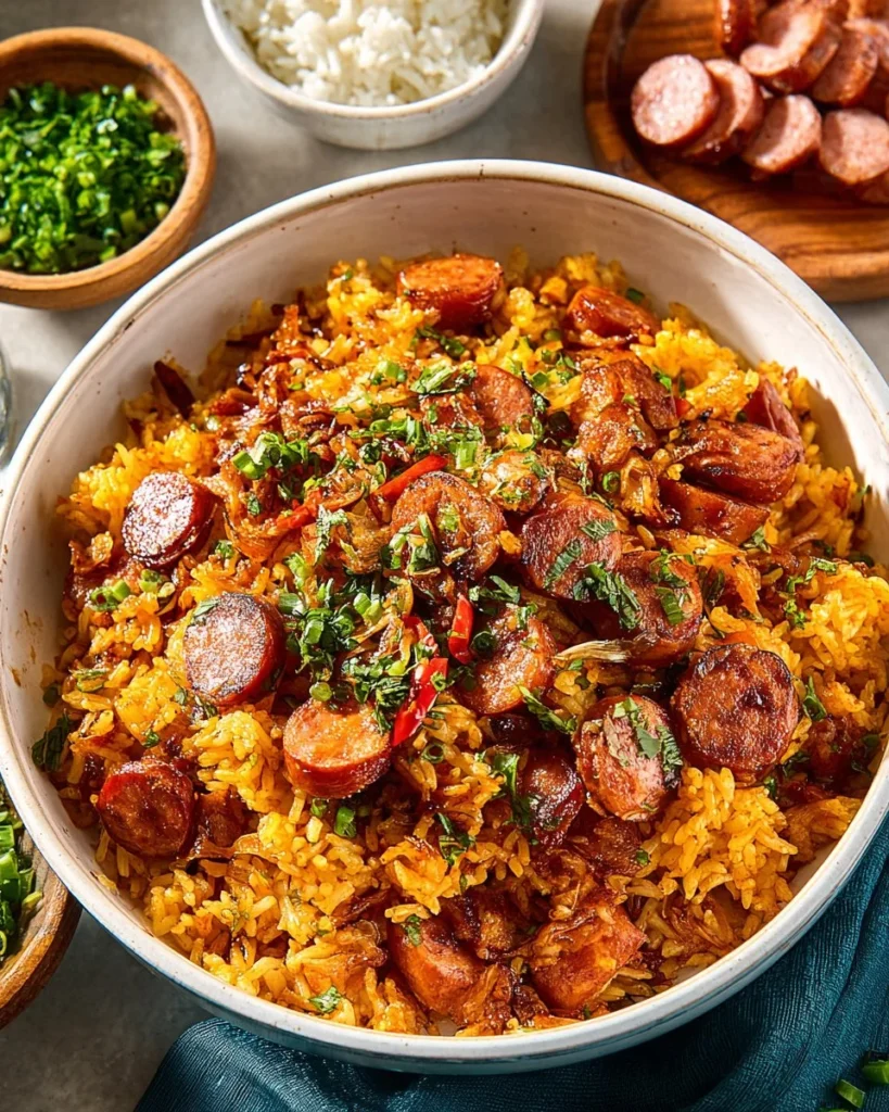 One pot smoked sausage and rice dish served in a bowl