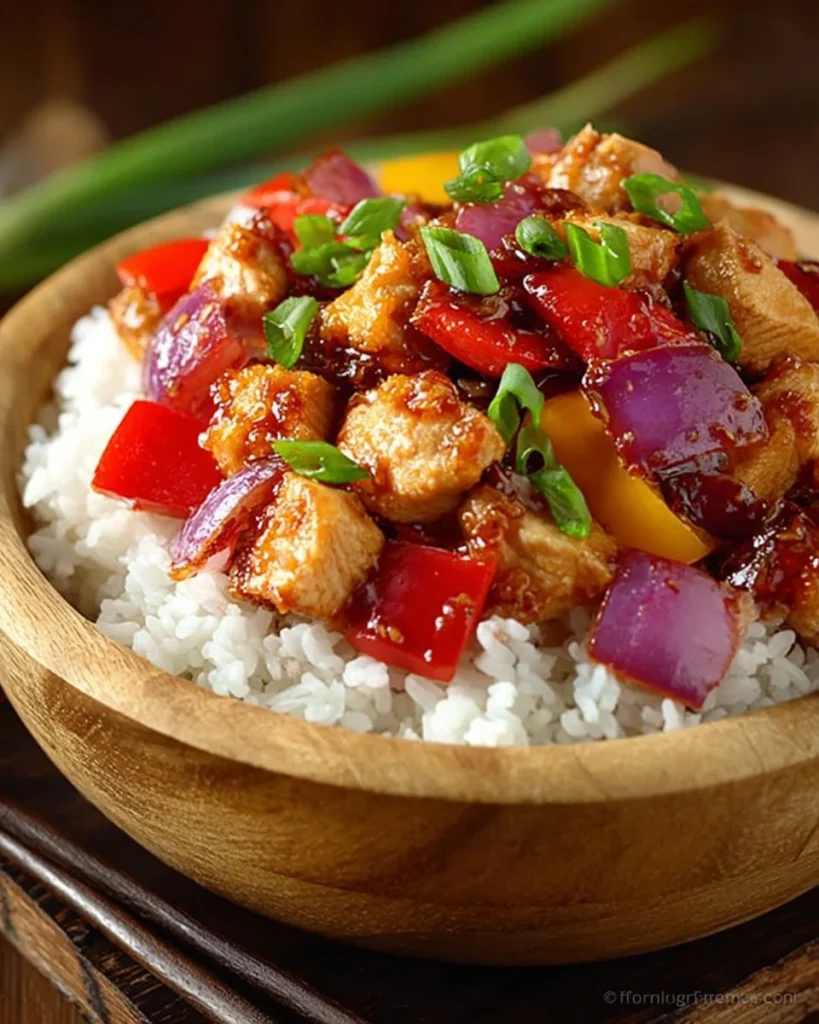Delicious orange chicken stir fry served with vegetables and rice.