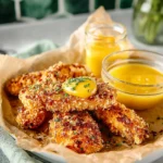 Pretzel crusted air fryer chicken tenders garnished with herbs