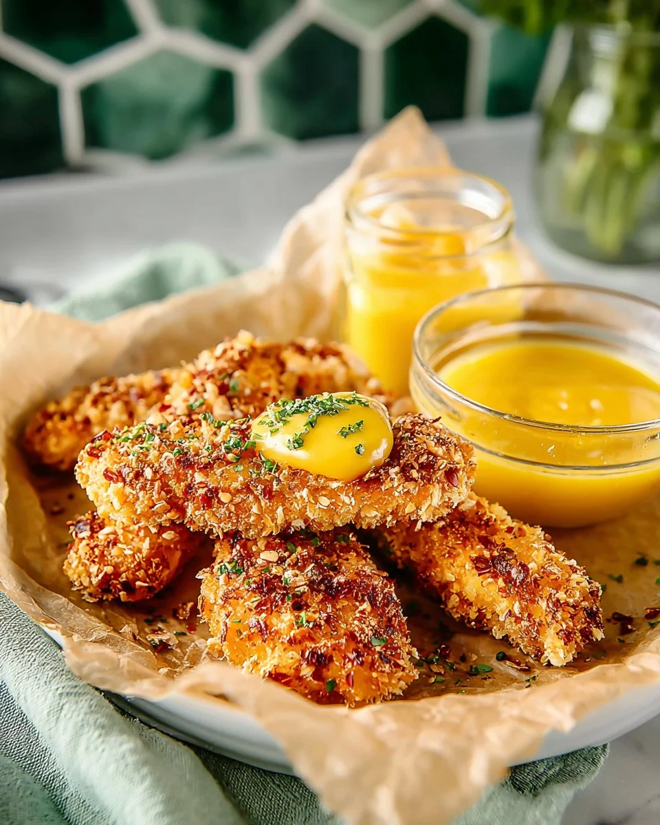 Pretzel crusted air fryer chicken tenders garnished with herbs