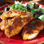 Delicious pretzel crusted chicken breasts served with a side salad