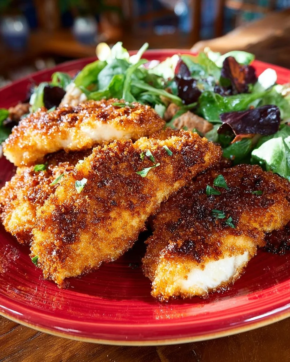 Delicious pretzel crusted chicken breasts served with a side salad