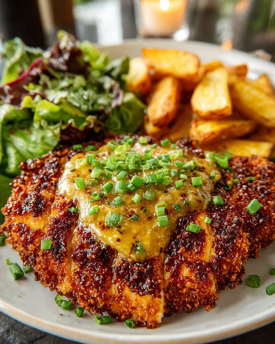 Delicious Pretzel Crusted Chicken served with honey mustard sauce
