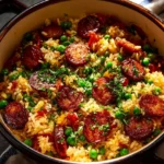 Sausage, rice, and veggie dinner served in a bowl for a hearty meal