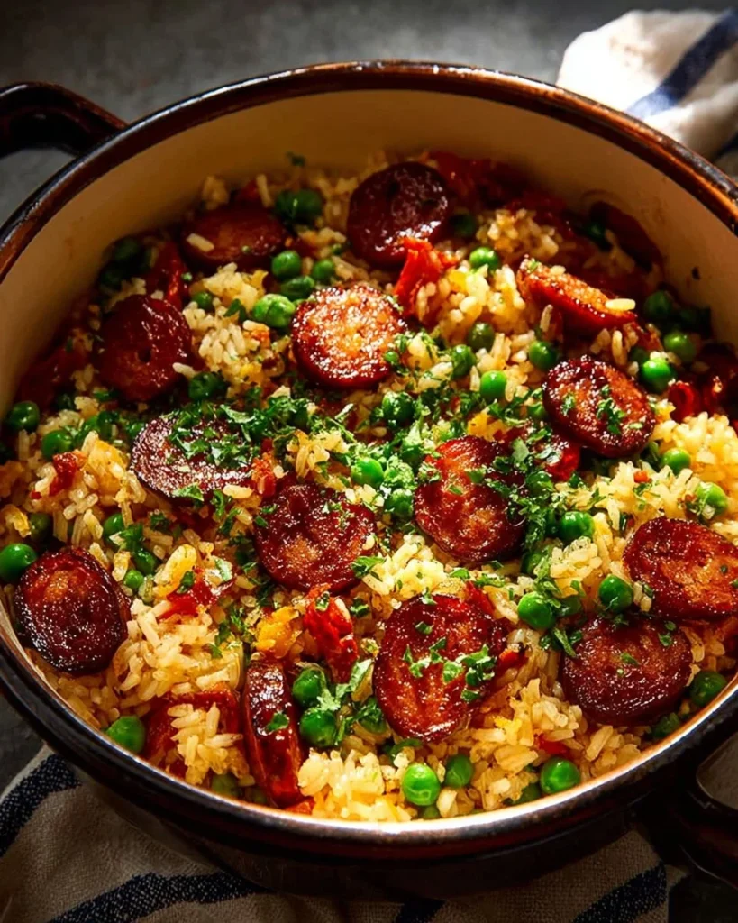 Sausage, rice, and veggie dinner served in a bowl for a hearty meal