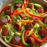 Colorful sausage stir-fry with vegetables in a pan