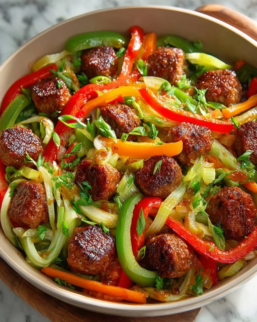 Colorful sausage stir-fry with vegetables in a pan