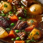 Savory beef and vegetable stew in a rustic bowl.