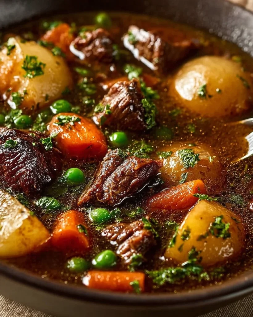 Savory beef and vegetable stew in a rustic bowl.