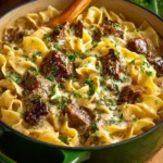 Delicious slow cooker beef stroganoff served with noodles and garnished with parsley