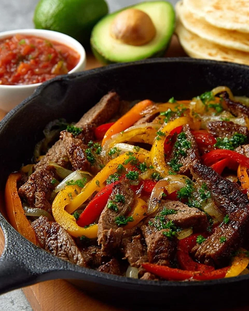 Delicious homemade steak fajitas served with colorful bell peppers and onions.