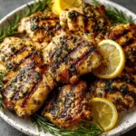 Bowl of super simple lemon herb marinade with fresh herbs and lemon slices