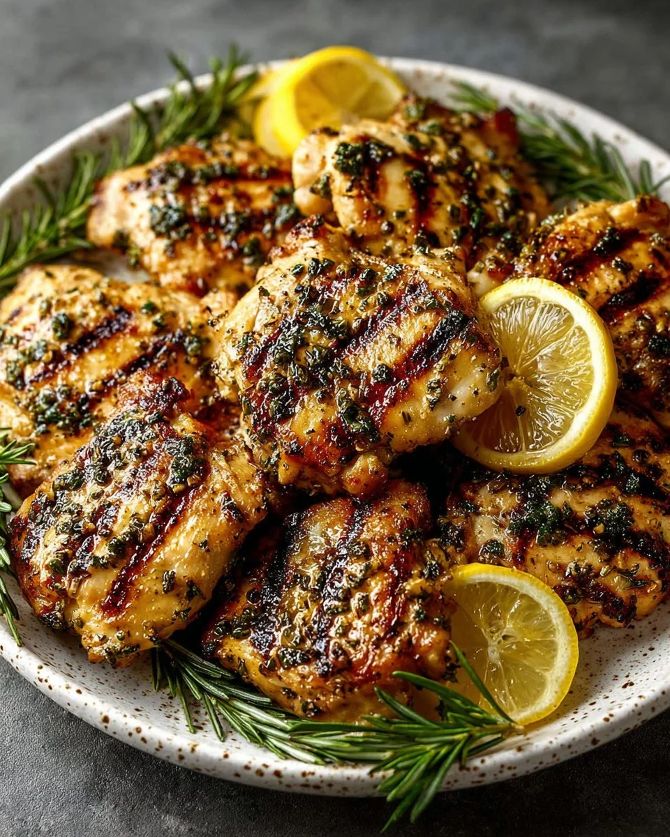 Bowl of super simple lemon herb marinade with fresh herbs and lemon slices