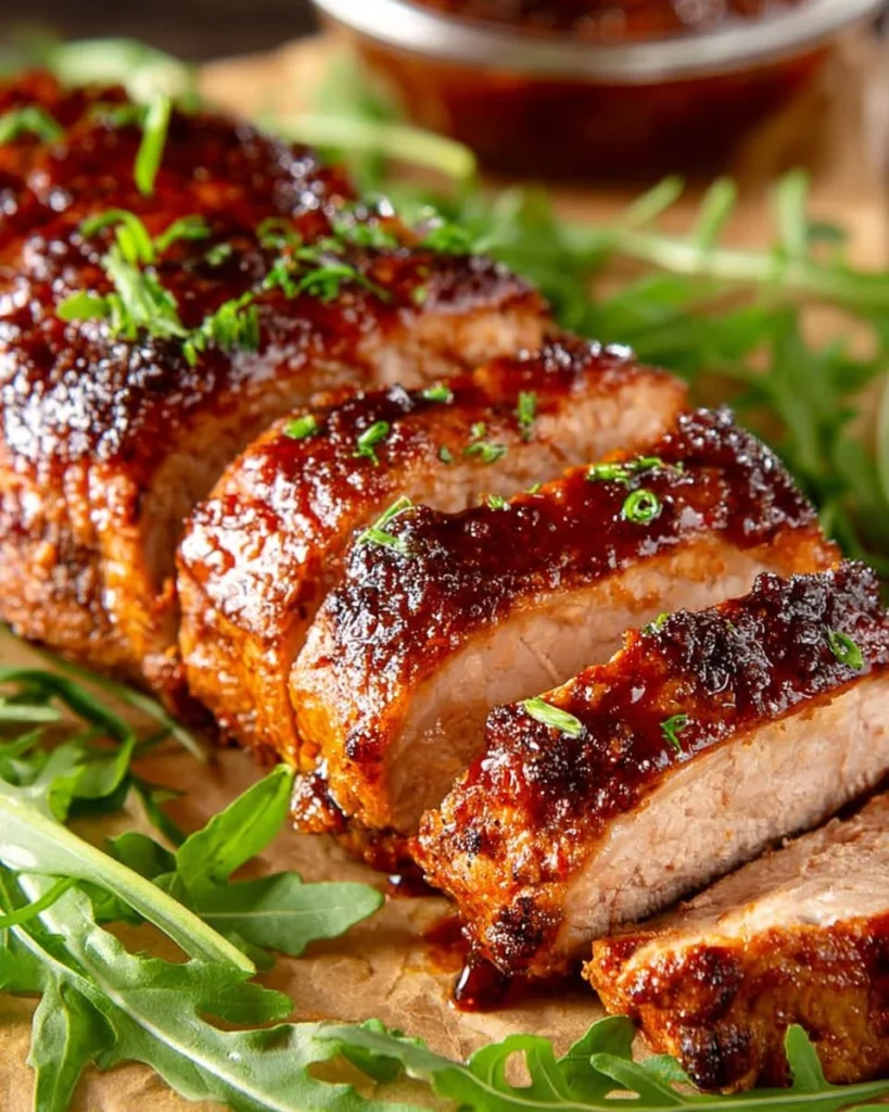 Sweet and spicy BBQ grilled pork tenderloin on a plate with herbs