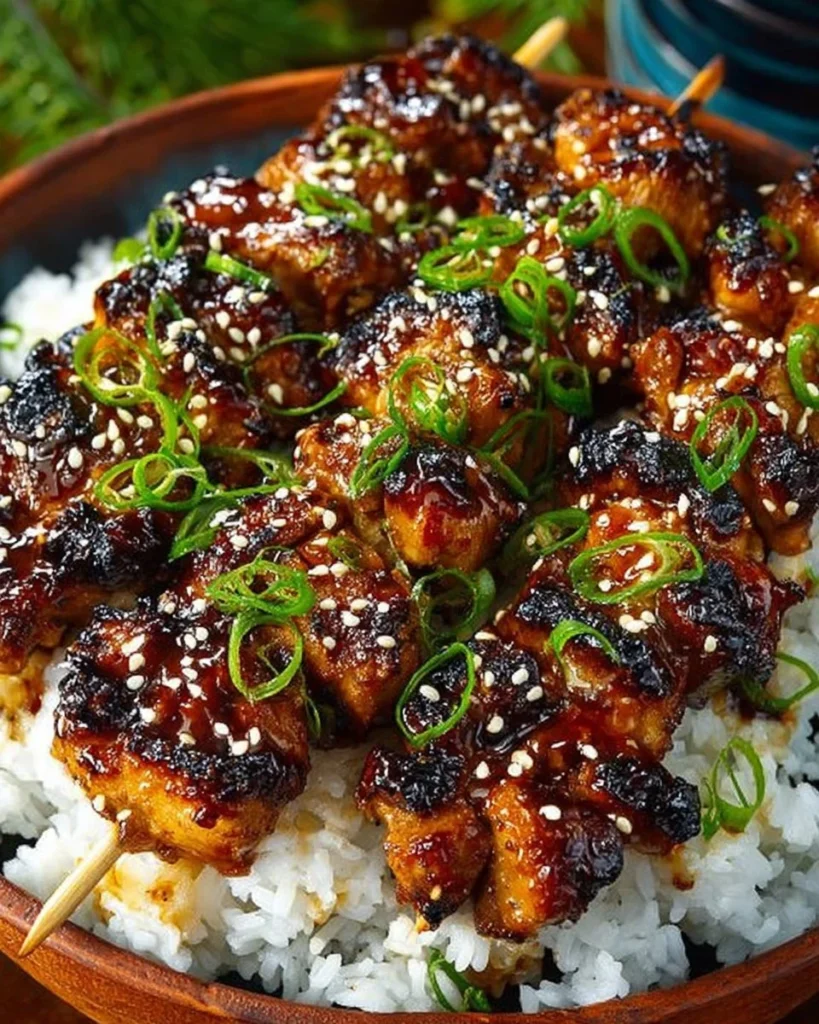 Grilled teriyaki chicken skewers with vibrant vegetables on a plate