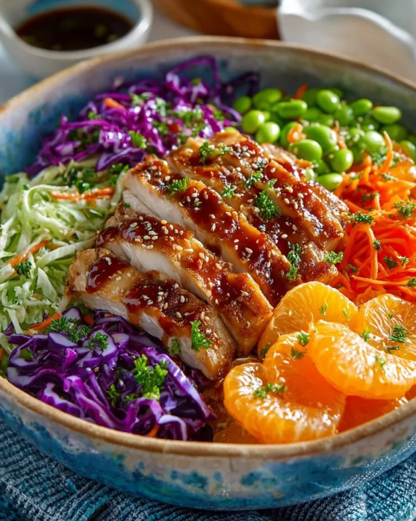 A vibrant bowl of delicious Asian Chicken Salad with colorful vegetables and chicken.