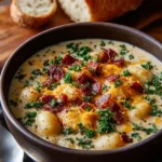 Bacon Cheddar Gnocchi Soup topped with crispy bacon and herbs