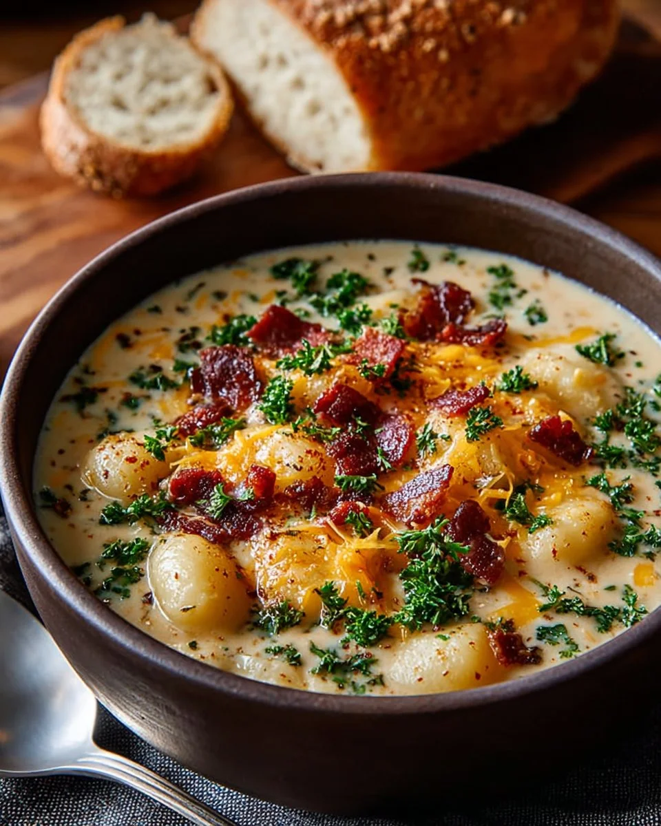 Bacon Cheddar Gnocchi Soup topped with crispy bacon and herbs