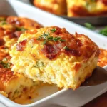 Bacon Egg Cheese Casserole with biscuits and eggs served in a dish