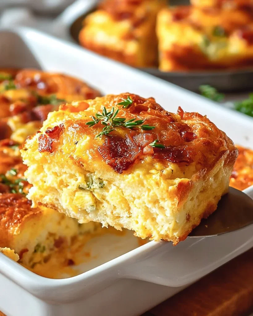 Bacon Egg Cheese Casserole with biscuits and eggs served in a dish