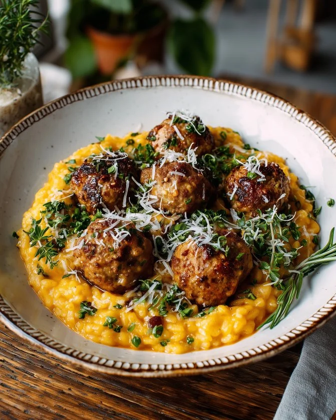 Baked rosemary chicken meatballs served with tomato orzo on a plate.