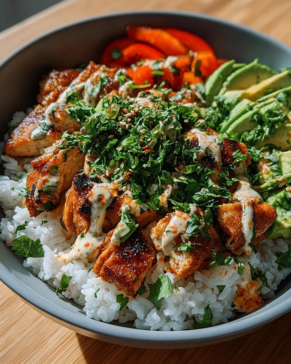 Delicious Bang Bang Chicken Bowl with crispy chicken and colorful veggies