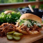 Delicious BBQ pulled pork sandwich garnished with coleslaw and pickles