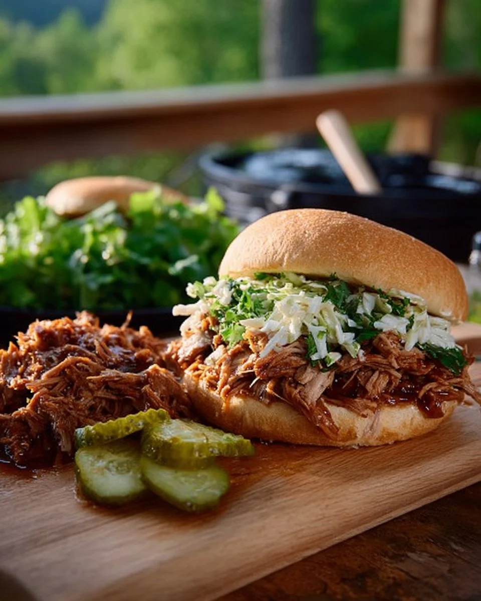 Delicious BBQ pulled pork sandwich garnished with coleslaw and pickles
