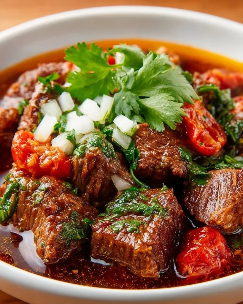 A delicious bowl of beef and bean chili garnished with fresh herbs