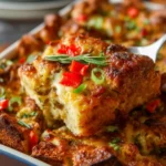 Delicious breakfast strata with sausage in a baking dish
