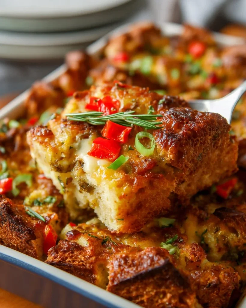 Delicious breakfast strata with sausage in a baking dish