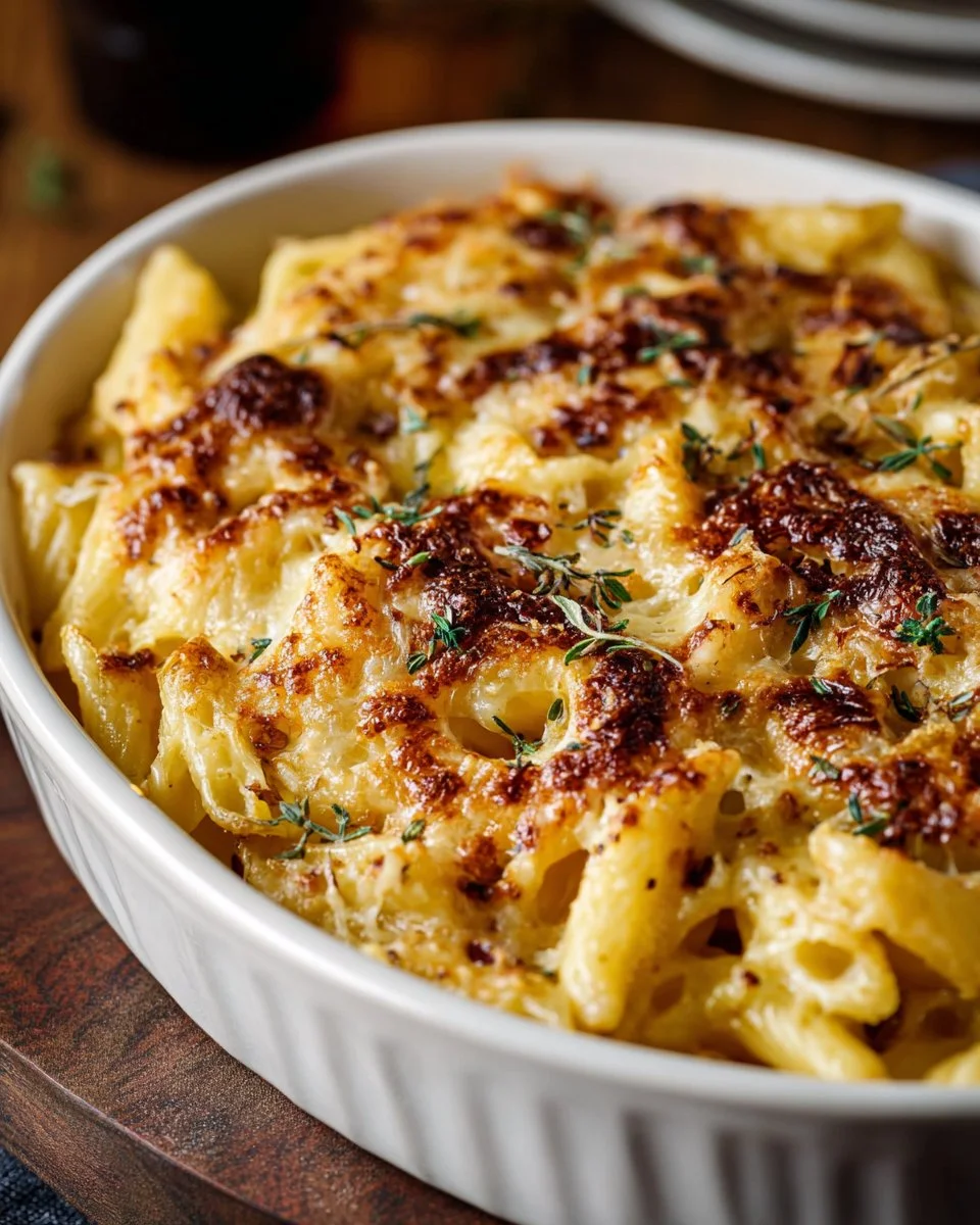 Brie and bacon macaroni and cheese dish topped with herbs