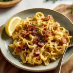 Delicious Brie pasta topped with bacon and caramelized onions