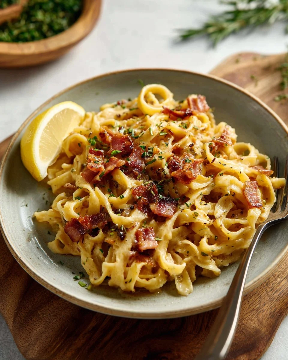 Delicious Brie pasta topped with bacon and caramelized onions