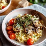 Delicious Brie spaghetti topped with herbs and served in a bowl