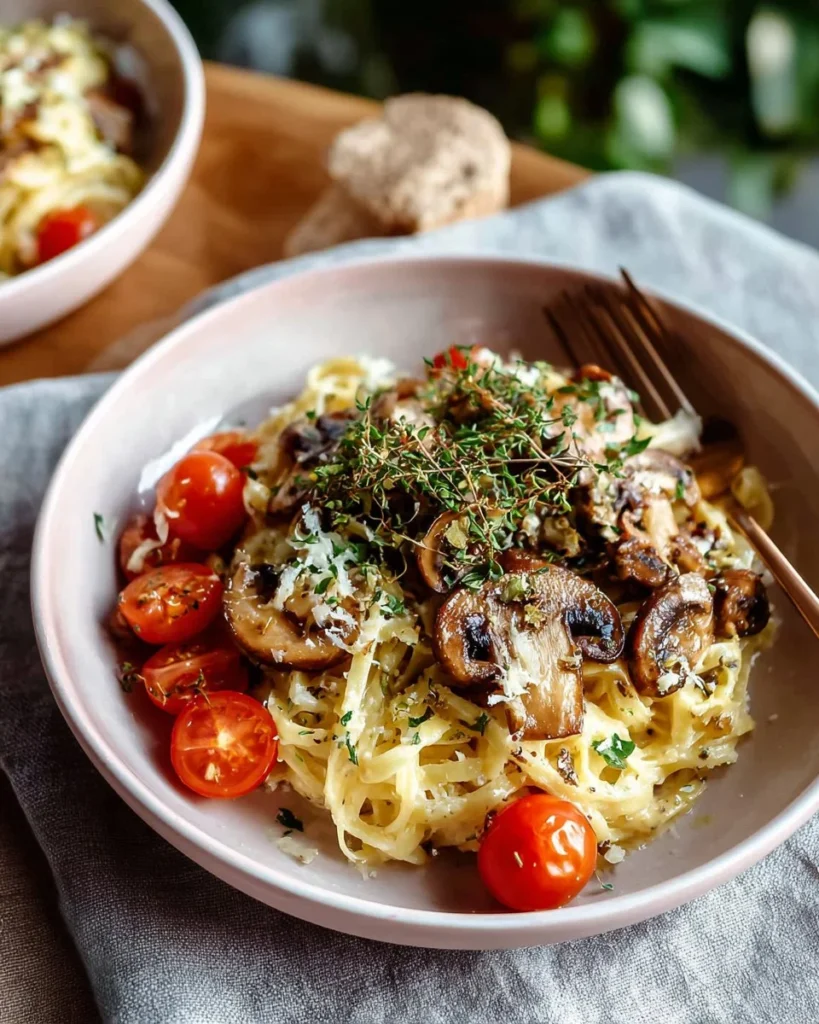 Delicious Brie spaghetti topped with herbs and served in a bowl