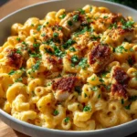 A creamy serving of Buffalo Chicken Mac and Cheese topped with green onions.