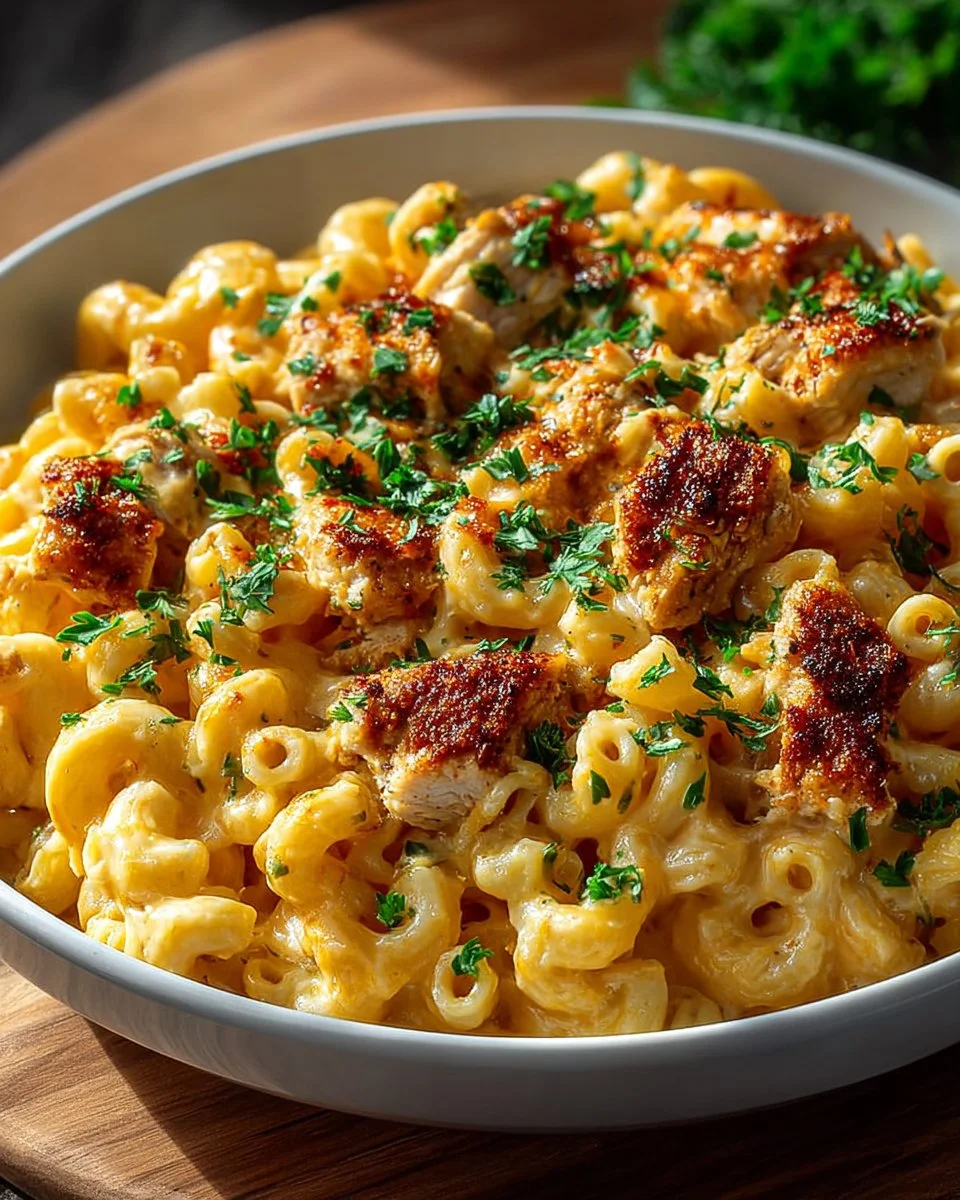 A creamy serving of Buffalo Chicken Mac and Cheese topped with green onions.